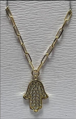 Load image into Gallery viewer, 14K Gold large classic Hamsa Necklace diamonds paperclip
