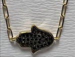 Load image into Gallery viewer, 14K gold Large hamsa bracelet Black diamonds paperclip

