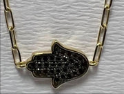 14K gold Large hamsa bracelet Black diamonds paperclip