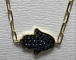 Load image into Gallery viewer, 14K gold Large hamsa bracelet Blue sapphire paperclip
