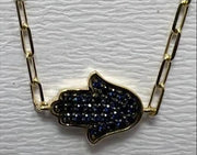 14K gold Large hamsa bracelet Blue sapphire paperclip