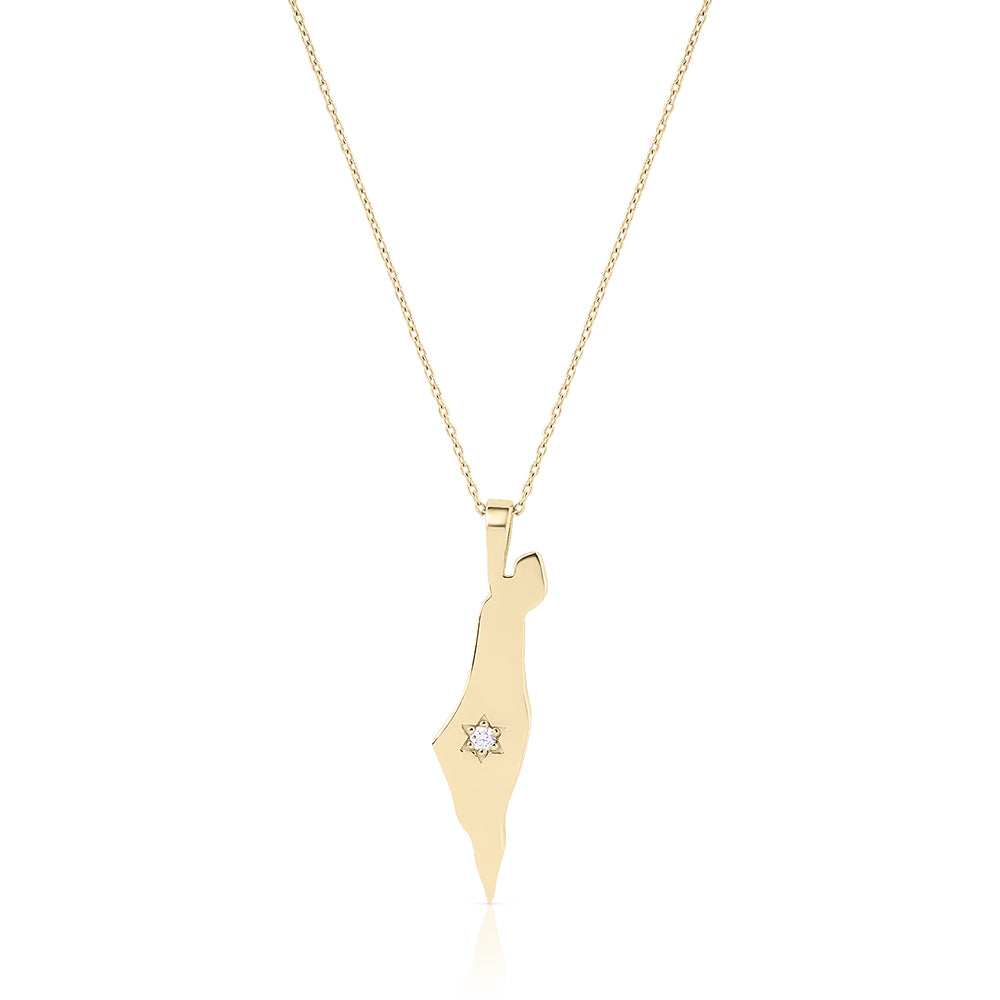 14K Gold single diamond star large map of Israel Necklace