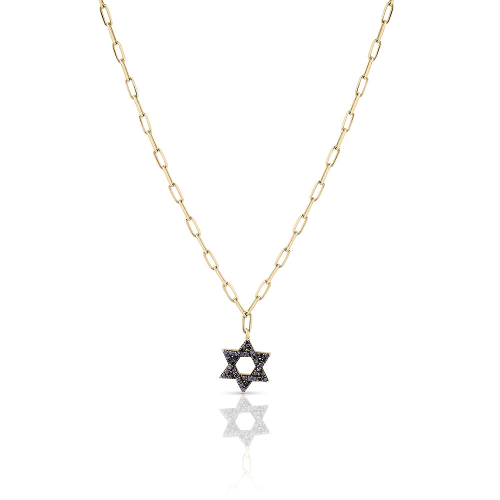 14k gold Classic star of David necklace paperclip. Black diamonds
