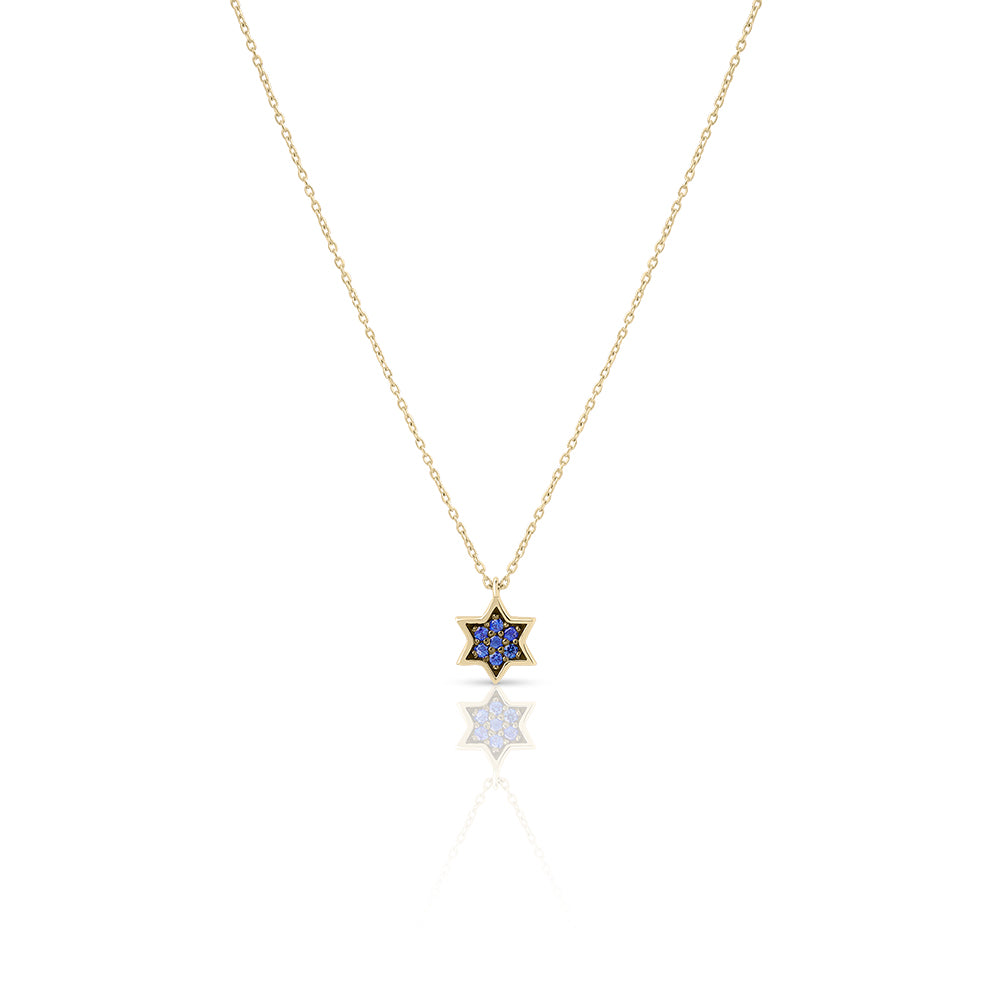 14k gold 1cm full star of David Blue sapphire necklace