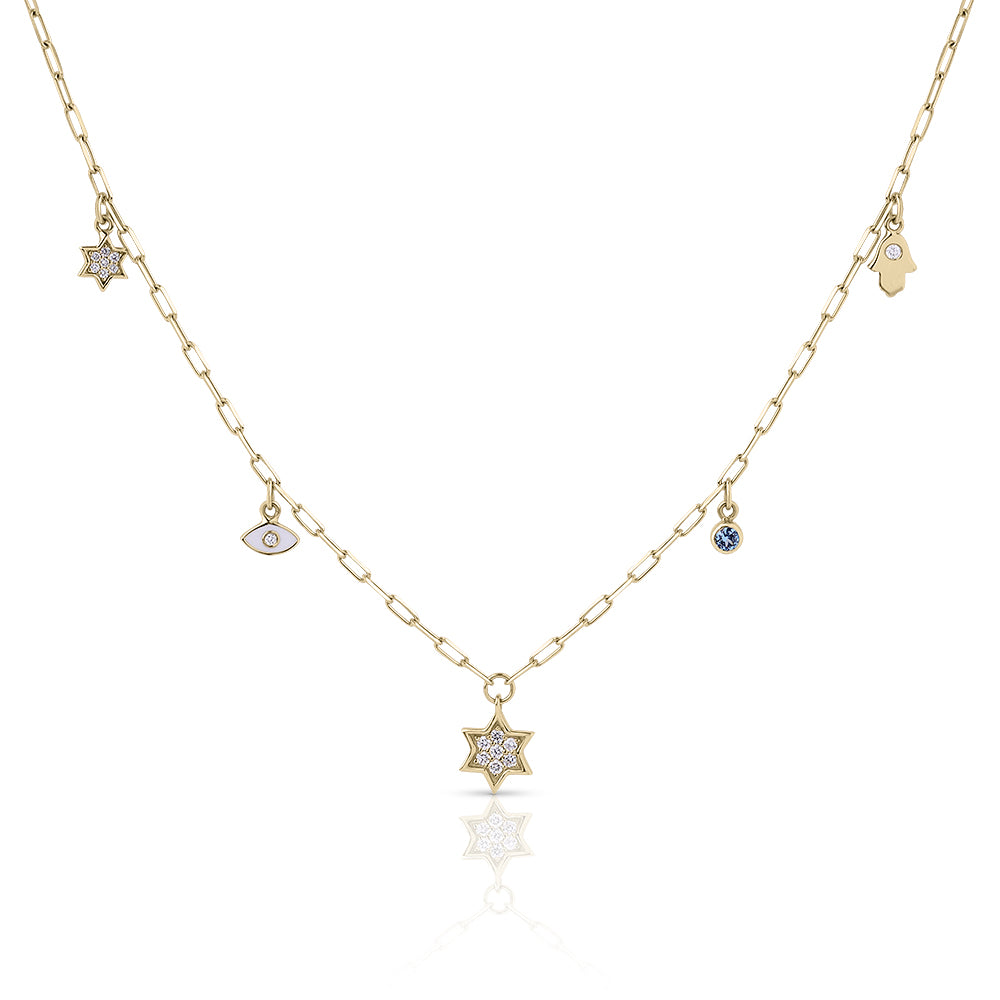 14k gold large full star 5 charm necklace paperclip