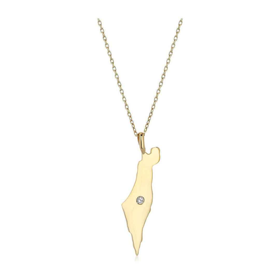 14K Gold single diamond large map of Israel Necklace