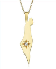 14K Gold single diamond north star large map of Israel Necklace