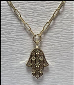 Load image into Gallery viewer, 14K gold skeleton hamsa necklace paperclip
