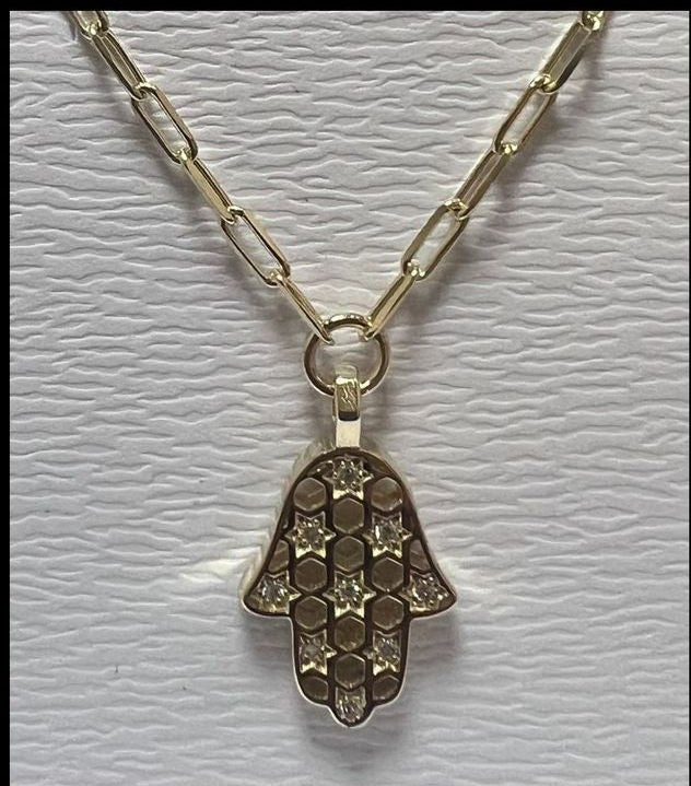 14K gold skeleton hamsa necklace paperclip
