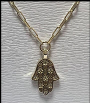 14K gold Honeycomb hamsa necklace paperclip