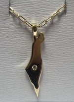 Load image into Gallery viewer, 14K Gold single diamond large map of Israel Necklace paperclip
