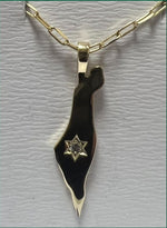 Load image into Gallery viewer, 14K Gold single diamond star large map of Israel Necklace paperclip
