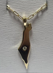 14K Gold single diamond large map of Israel Necklace paperclip