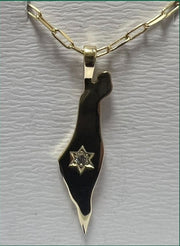 14K Gold single diamond star large map of Israel Necklace paperclip