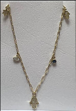 Load image into Gallery viewer, 14k gold classic hamsa 5 charm necklace paperclip
