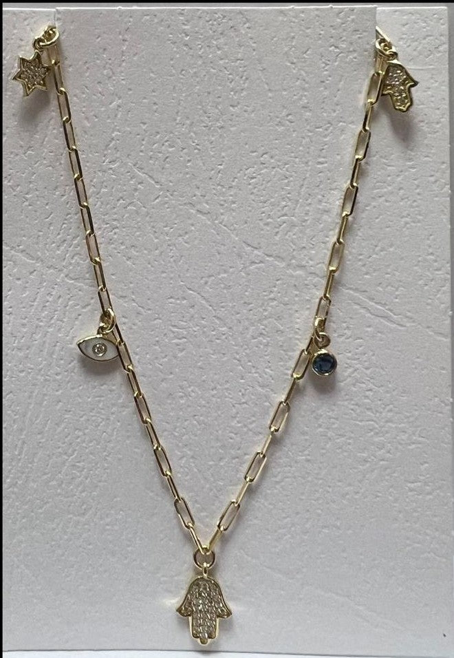 14k gold classic hamsa 5 charm necklace paperclip