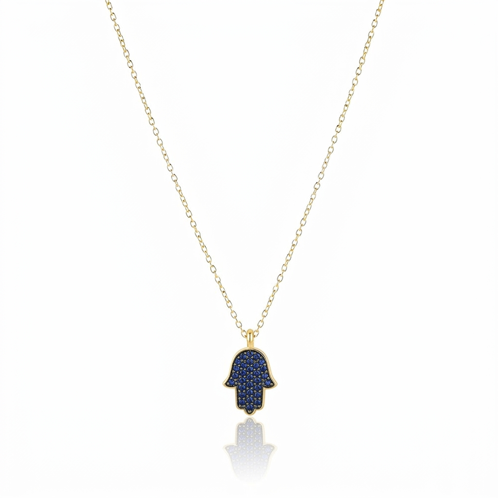 14K Gold Hamsa necklace Blue sapphire