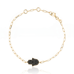 Load image into Gallery viewer, 14K gold Large hamsa bracelet Black diamonds paperclip
