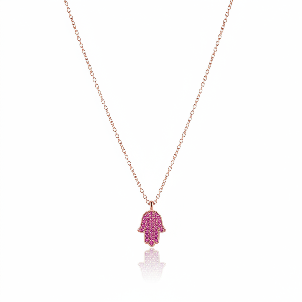 14K Gold Hamsa Necklace Pink sapphire