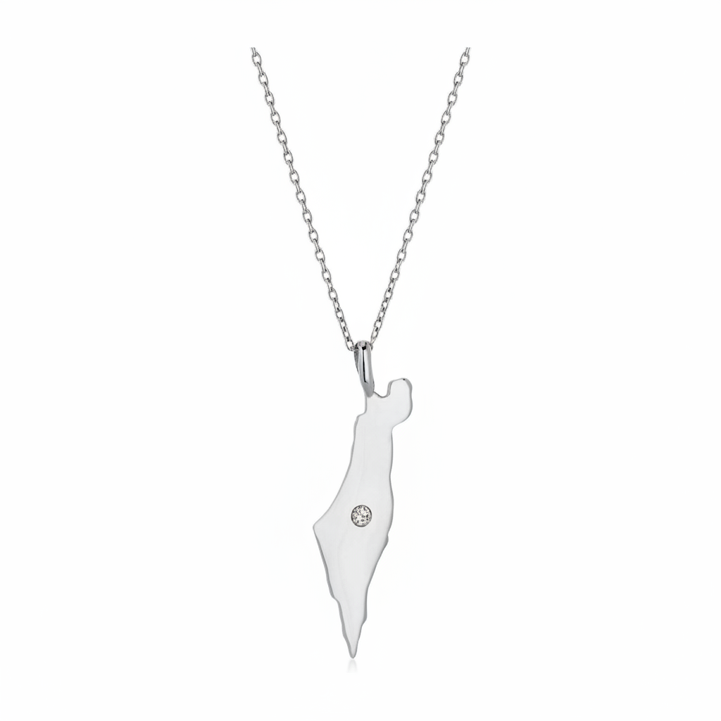 14K Gold single diamond map of Israel Necklace