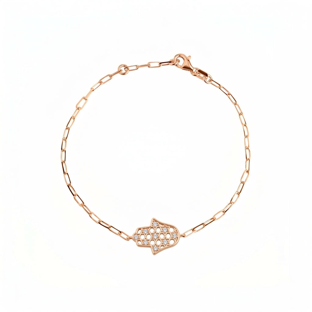 14K gold Honeycomb hamsa bracelet paperclip