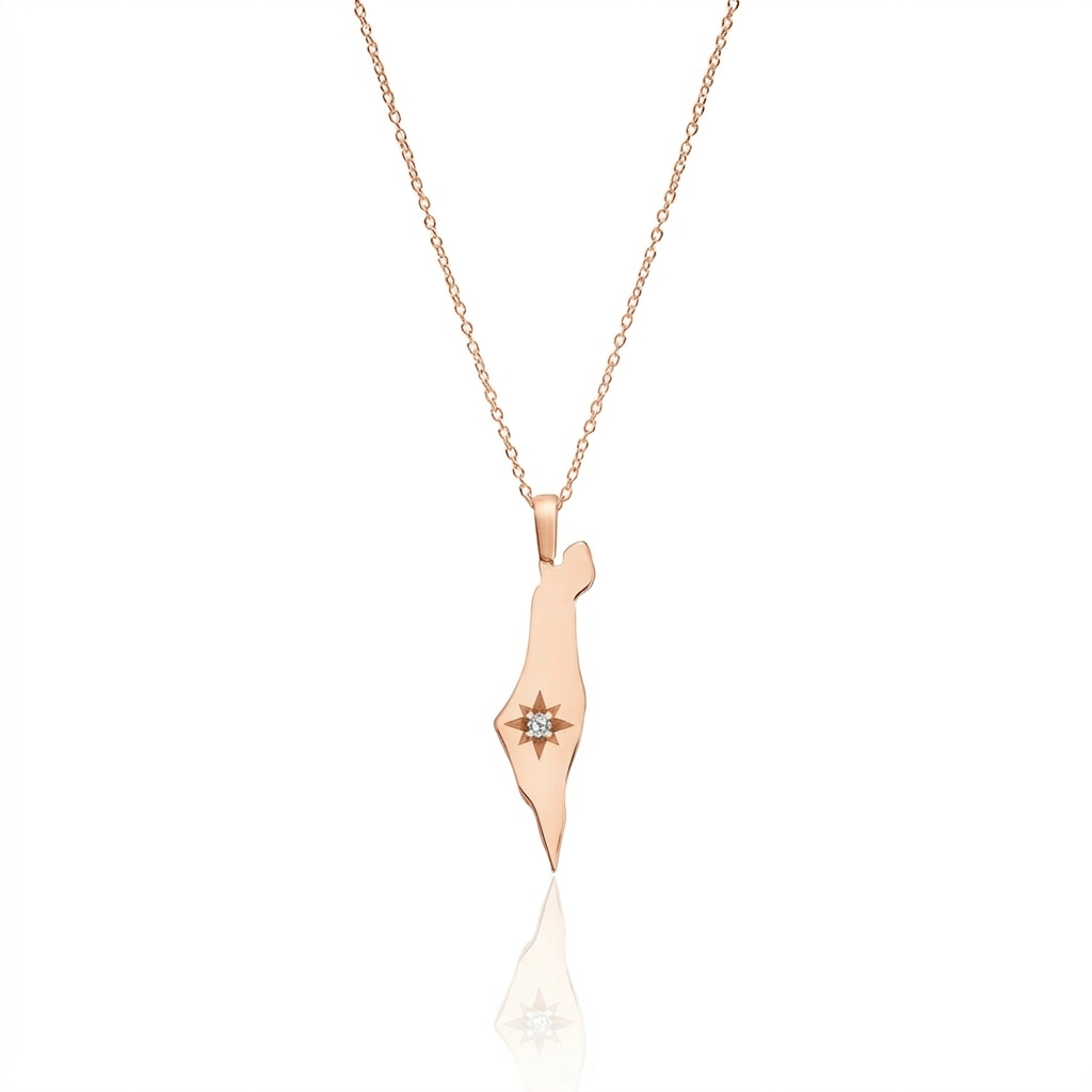 14K Gold Diamond North Star Israel Map Necklace