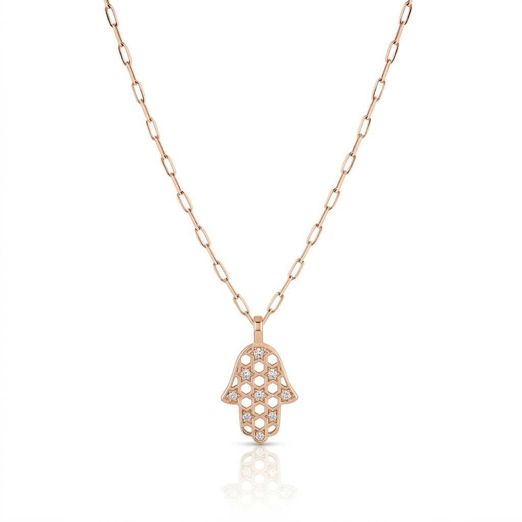 14K gold Honeycomb hamsa necklace paperclip