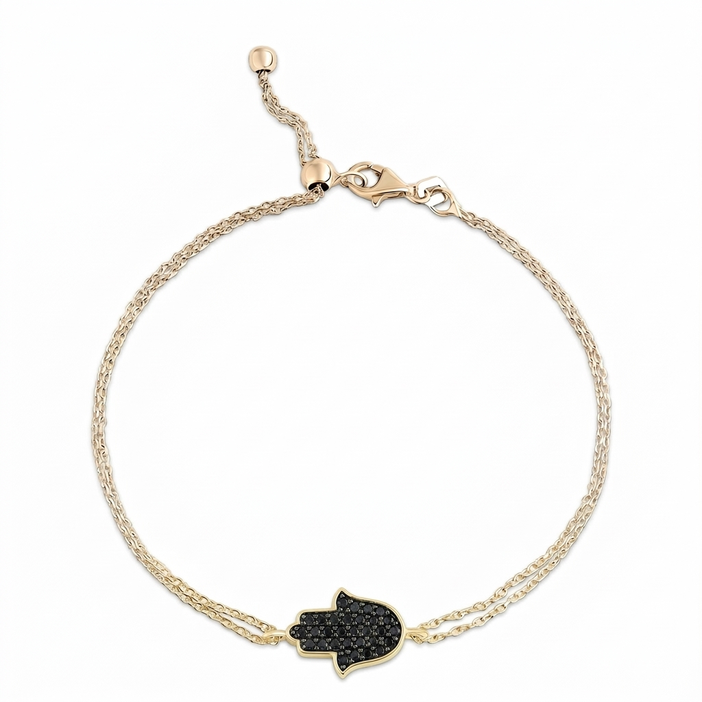 14K gold Large hamsa bracelet Black diamonds