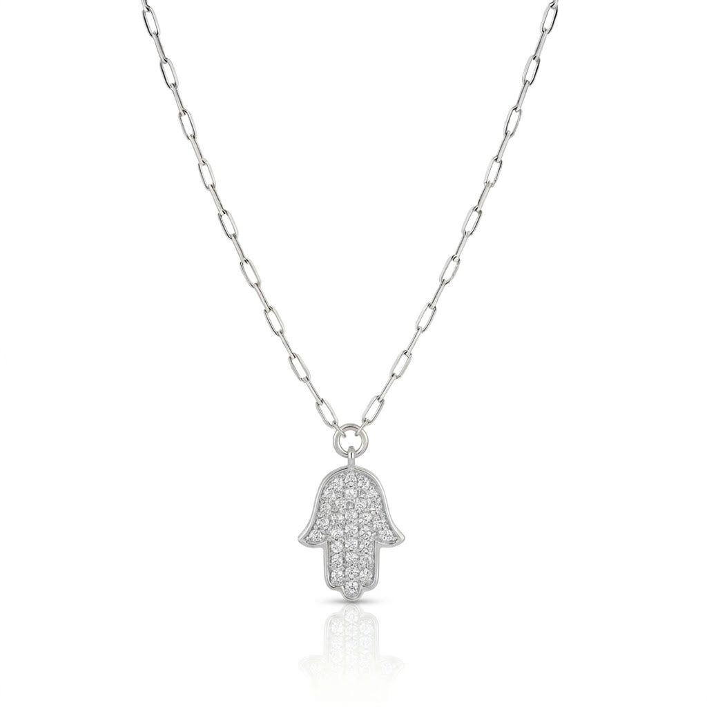 14K Gold large classic Hamsa Necklace diamonds paperclip