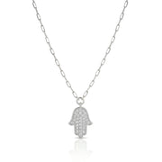 14K Gold large classic Hamsa Necklace diamonds paperclip