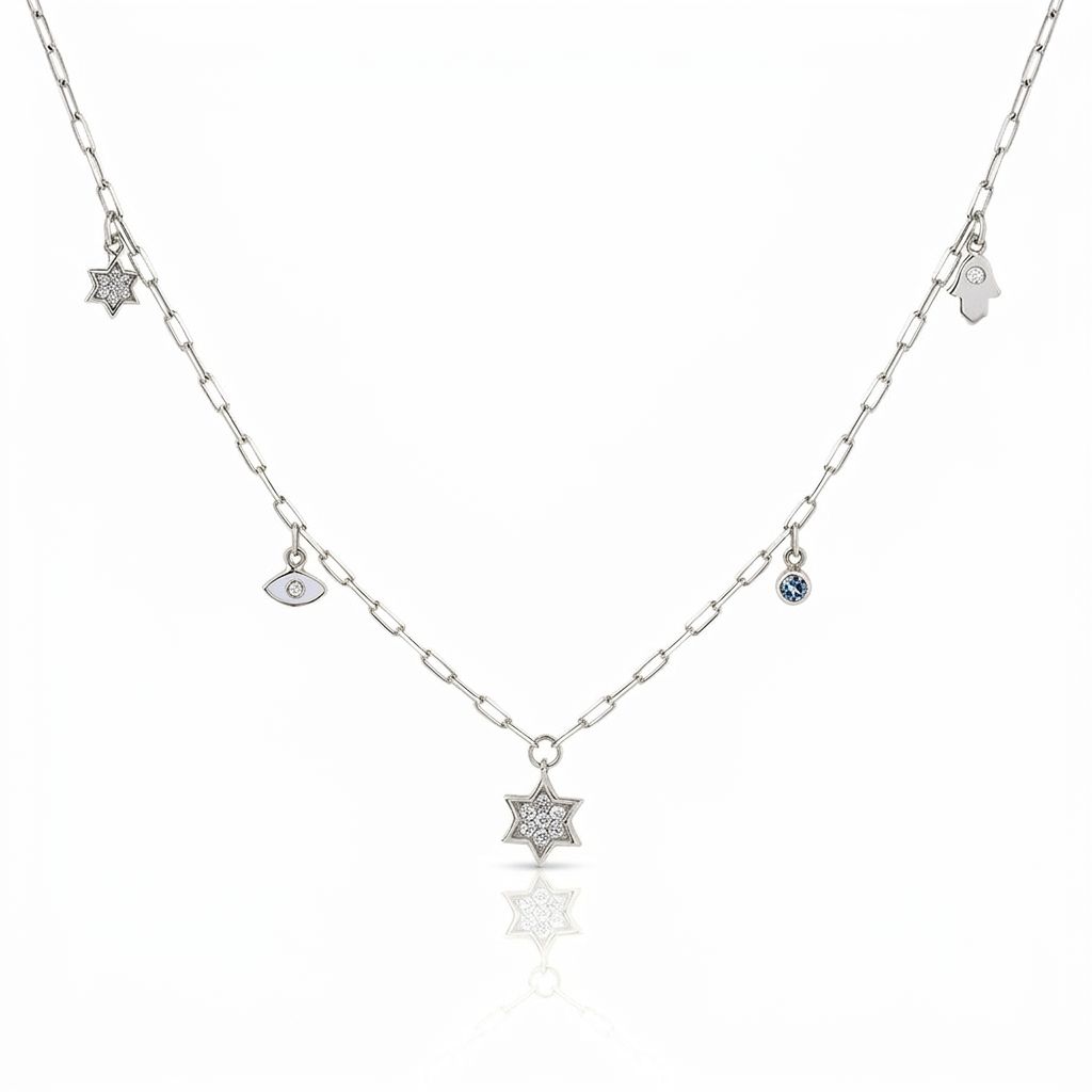 14k gold Dangling Multi Charm full star paperclip necklace