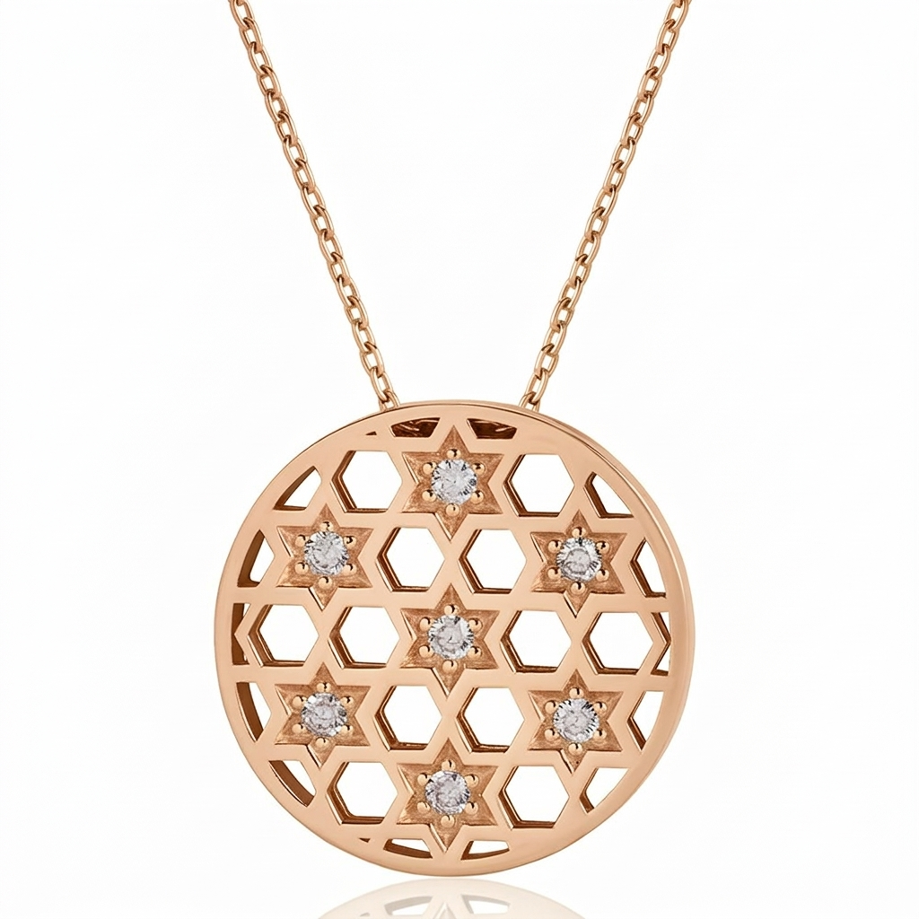 14k gold Large circle stars Honeycomb necklace
