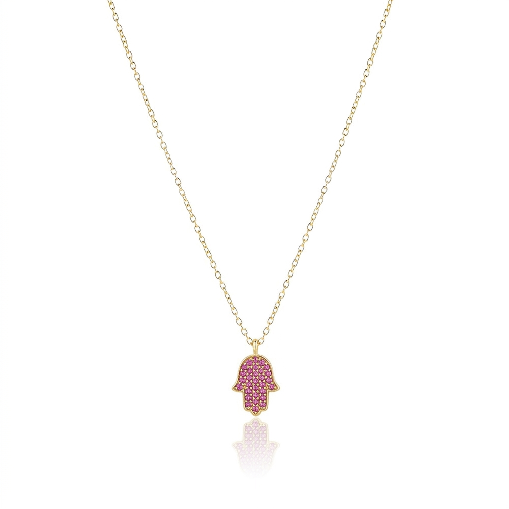 14K Gold Hamsa Necklace Pink sapphire
