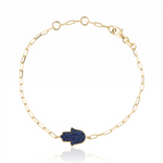 Load image into Gallery viewer, 14K gold Large hamsa bracelet Blue sapphire paperclip