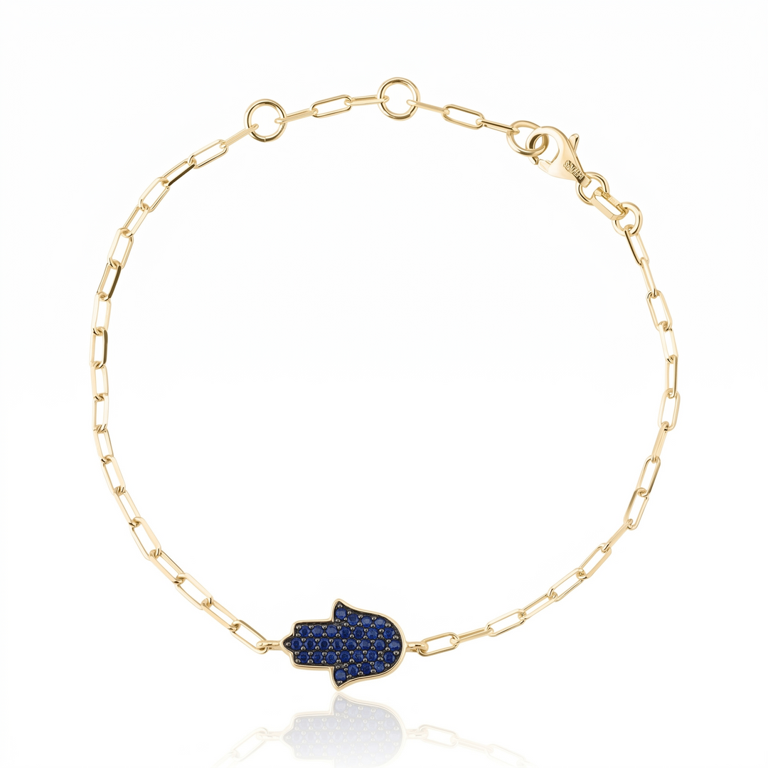 14K gold Large hamsa bracelet Blue sapphire paperclip