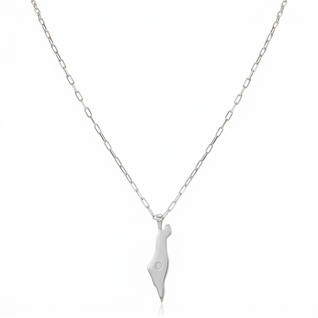 14K Gold Israel Map Diamond Paperclip Necklace