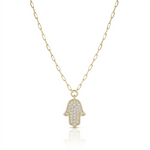 Load image into Gallery viewer, 14K Gold large classic Hamsa Necklace diamonds paperclip