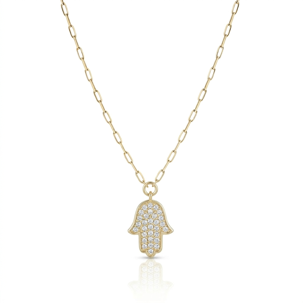 14K Gold large classic Hamsa Necklace diamonds paperclip