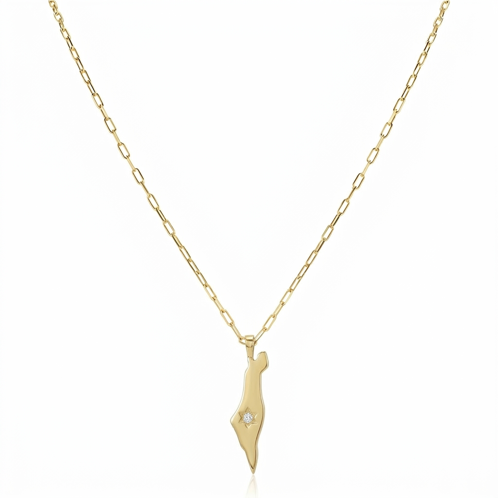 14K Gold Star Israel Map Necklace Paperclip