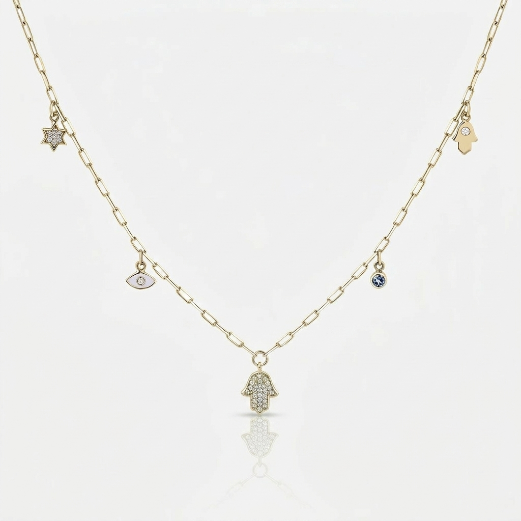 14k gold Dangling Multi Charm classic Hamsa  paperclip necklace