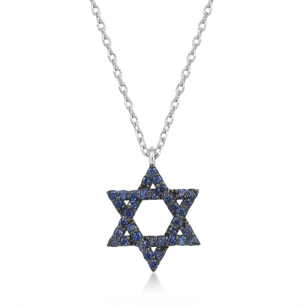 14k gold Classic star of David necklace Blue sapphire