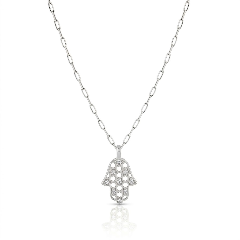 14K gold Honeycomb hamsa necklace paperclip