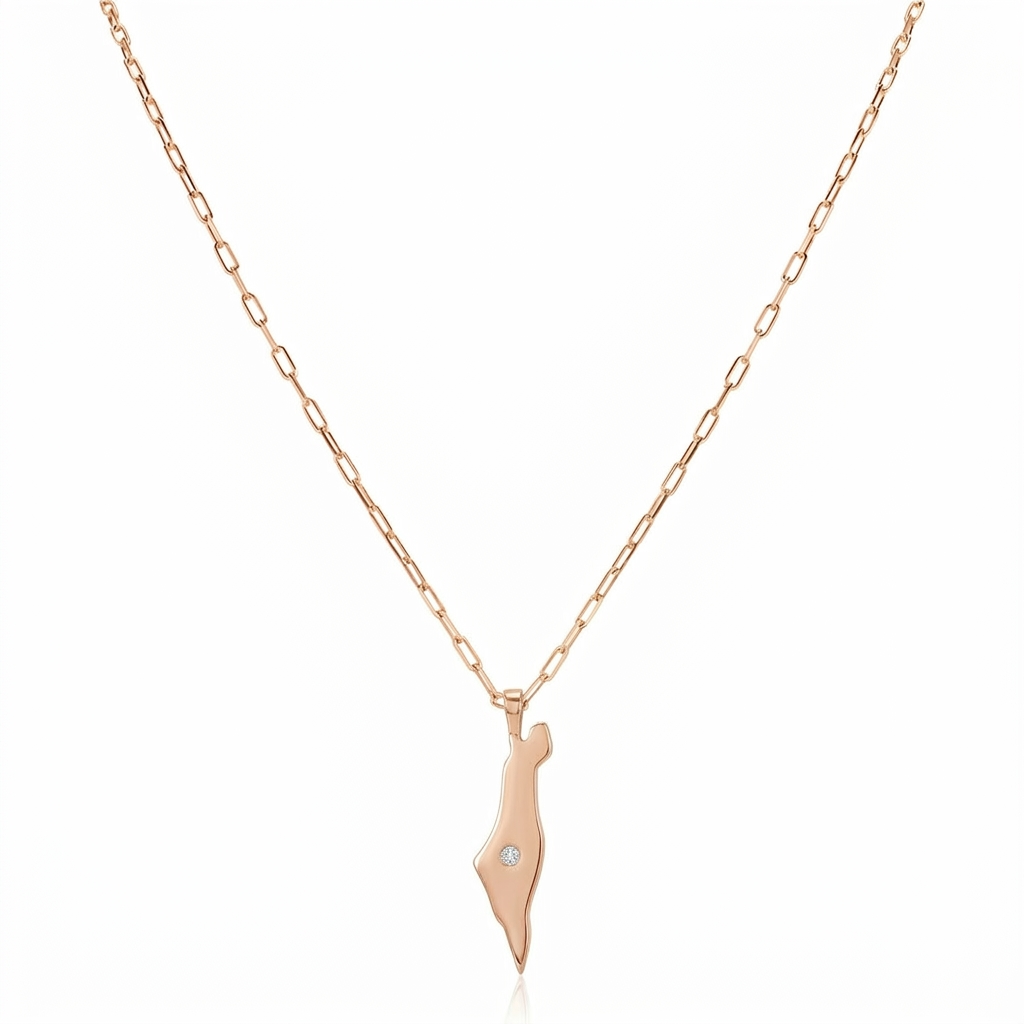14K Gold Israel Map Diamond Paperclip Necklace