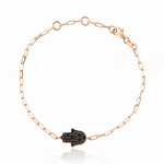 Load image into Gallery viewer, 14K gold Large hamsa bracelet Black diamonds paperclip