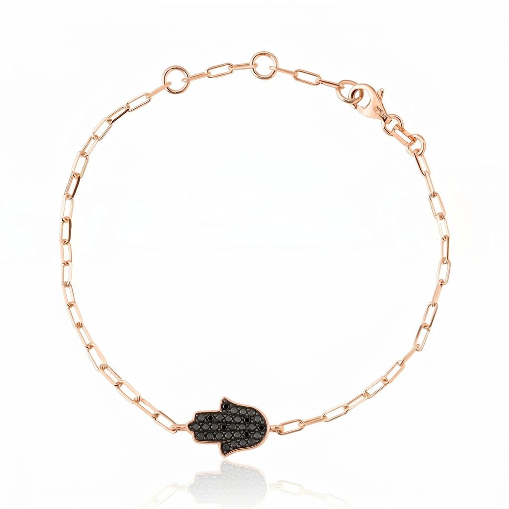 14K gold Large hamsa bracelet Black diamonds paperclip