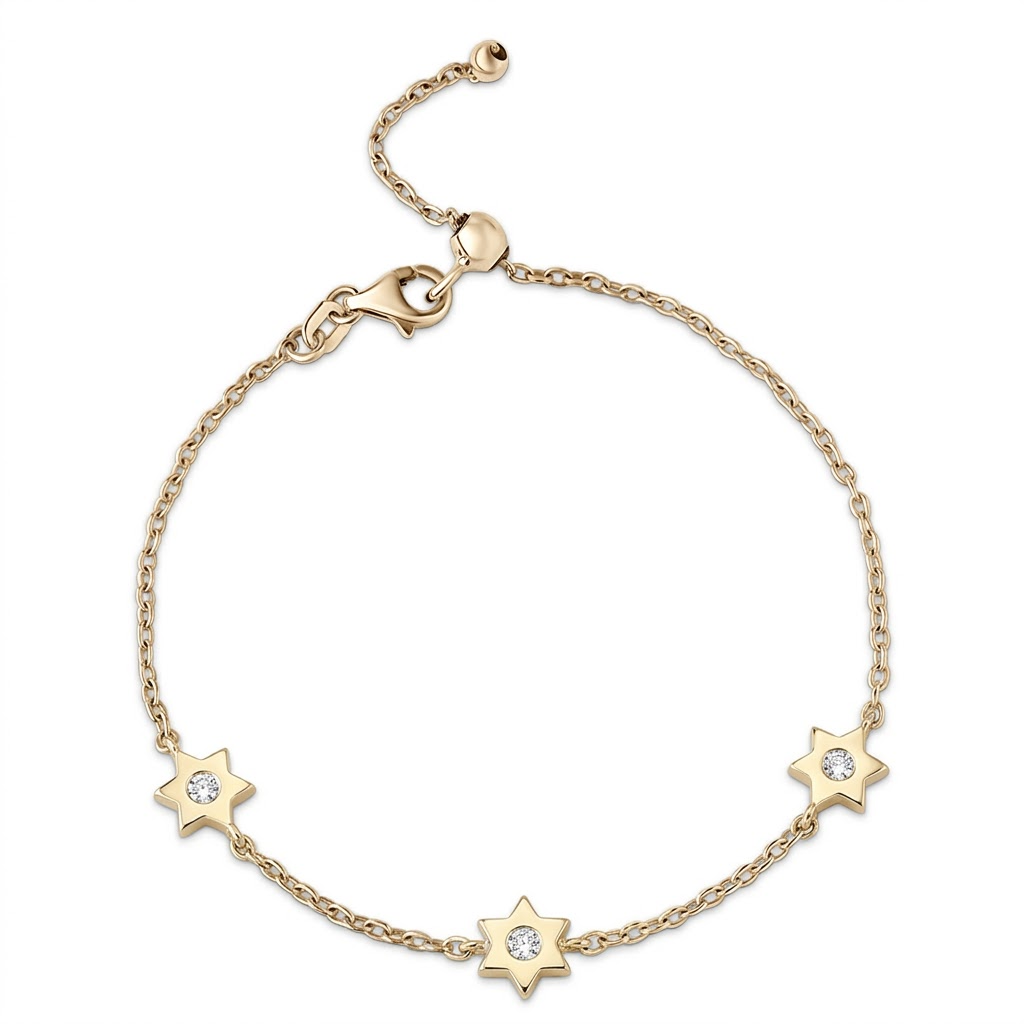 14k gold  Mystic 3 charm single diamond star bracelet