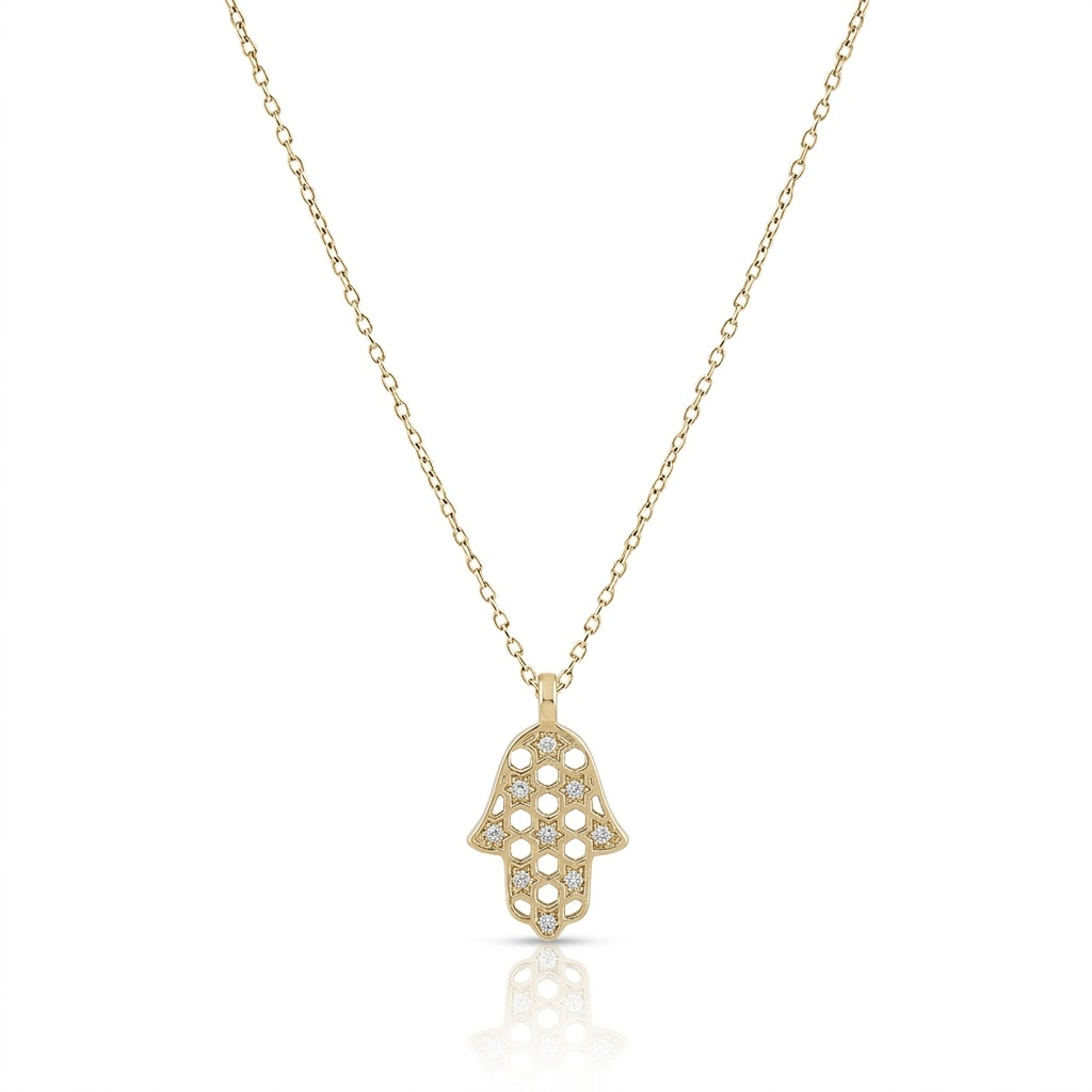 14K gold Honeycomb hamsa necklace