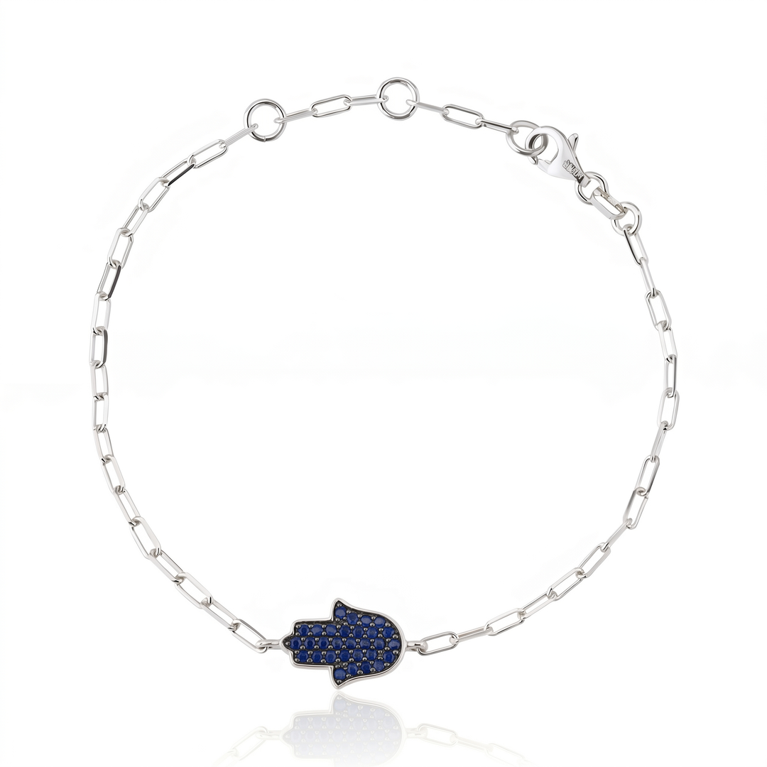14K gold Large hamsa bracelet Blue sapphire paperclip
