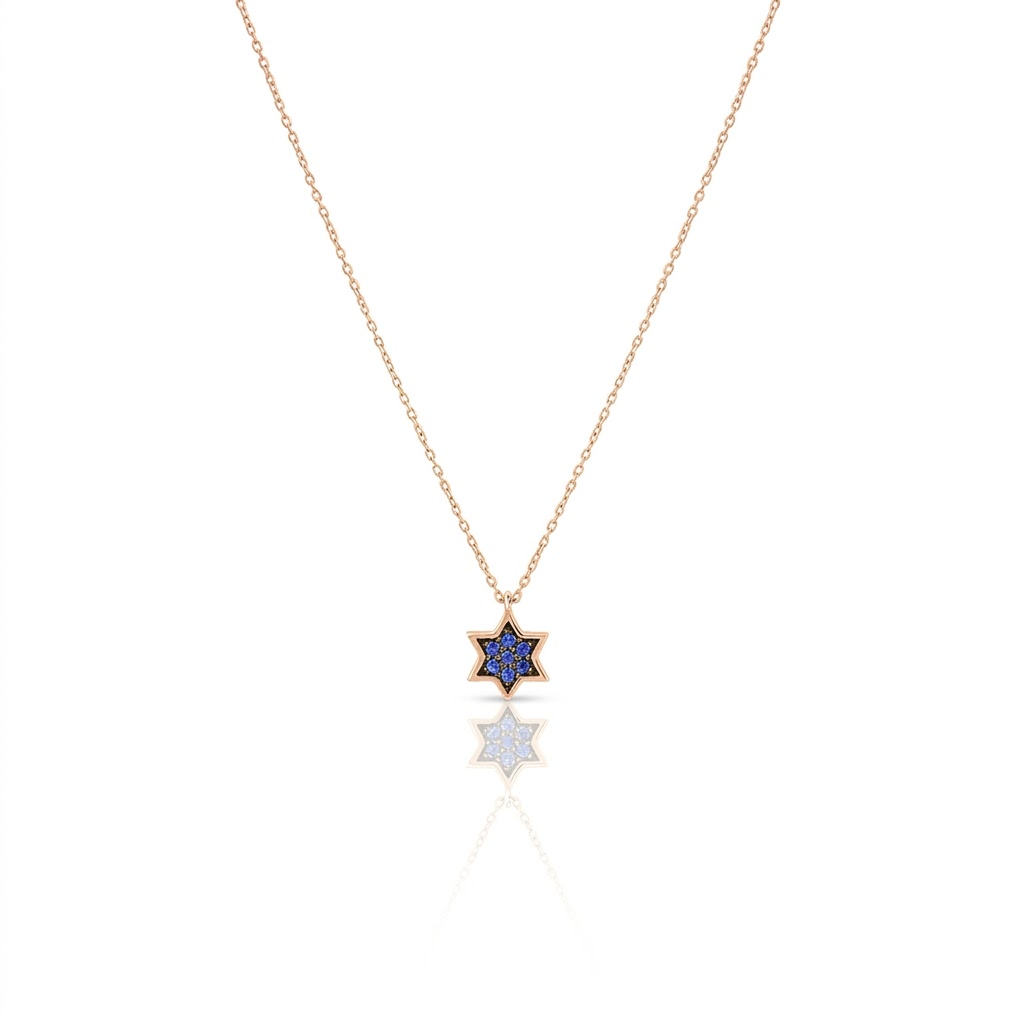 14k gold 1cm full star of David Blue sapphire necklace