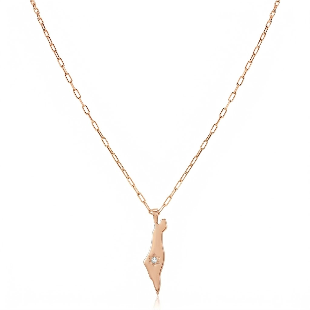 14K Gold Star Israel Map Necklace Paperclip